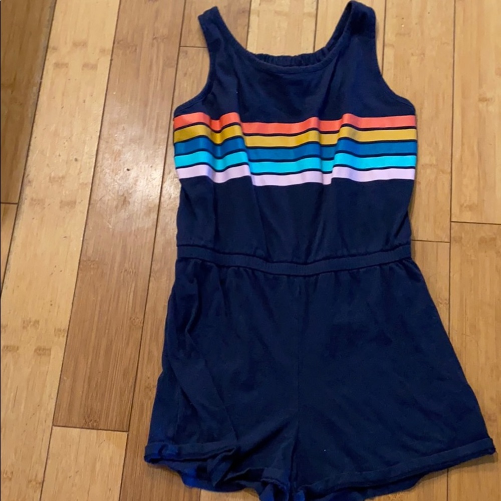 Navy romper with retro stripes